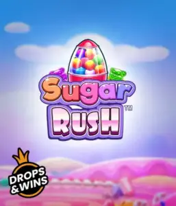 Изображение игрового автомата Sugar Rush от Pragmatic Play, демонстрирующее волшебный мир конфет и сладостей. На изображении видны иконки в виде конфет и желейных мишек, окруженные яркой атмосферой. В центре расположен название слота Sugar Rush, подчеркивающий сахарную тематику игры.